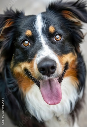 A close-up of a dog's face with a playful expression, tongue out, and bright eyes