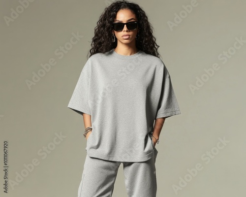 woman Gray oversized t-shirt, in a heather grey color photo