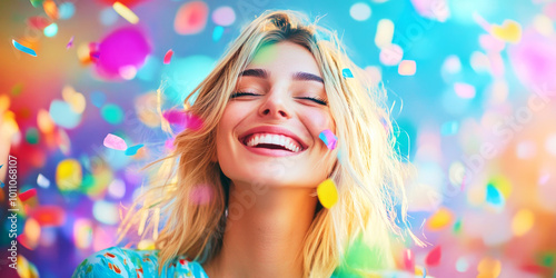 A joyful woman celebrating carnival joyfully with confetti in a vibrant, colorful atmosphere