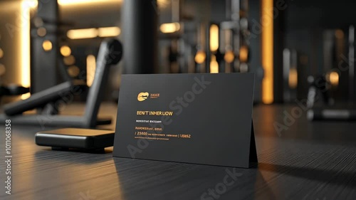 A black business card with gold lettering sits on a wooden table in a gym