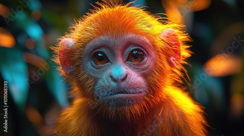 Curious orange monkey gazes thoughtfully amidst vibrant foliage in a tropical environment during daylight photo