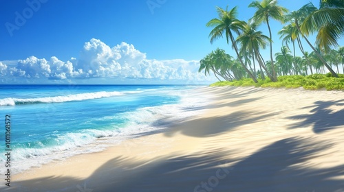 Idyllic tropical beach with palm trees, white sand, and blue ocean under a clear sky.