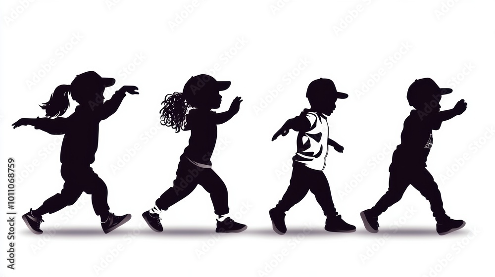Obraz premium Silhouettes of Children Walking in a Line with Playful Energy and Joyful Expressions, AI