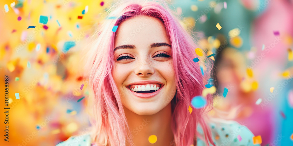 Obraz premium A joyful woman with pink hair celebrates carnival with confetti in a vibrant, colorful atmosphere
