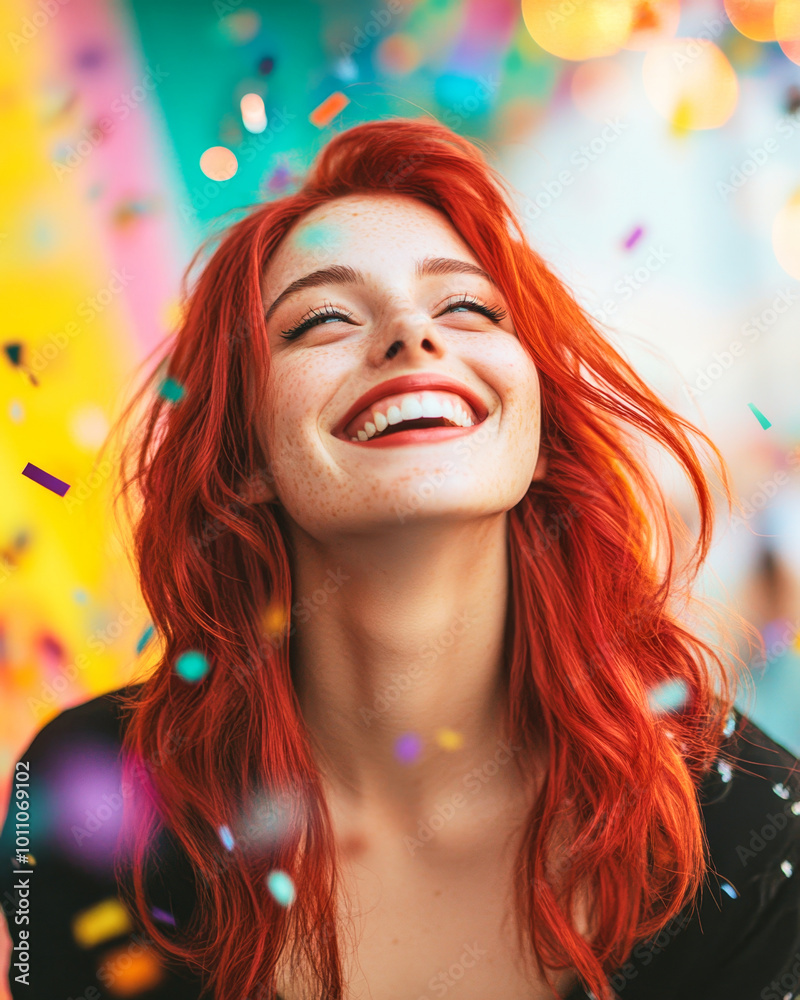 Fototapeta premium Smiling red-haired woman enjoying carnival festivities with confetti in vibrant surroundings