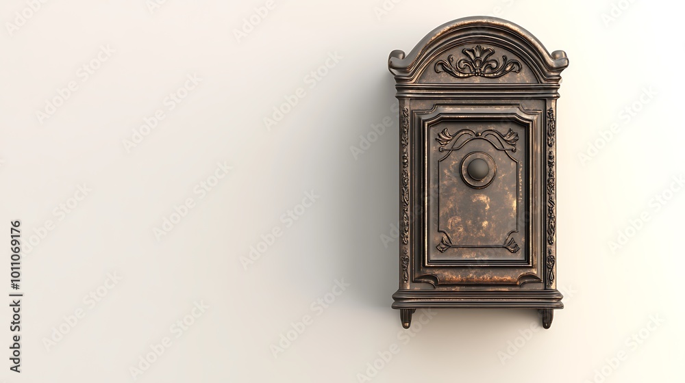 Fototapeta premium Ornate Bronze Mailbox Against a White Wall