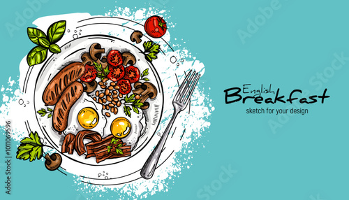 Classic English breakfast. Eggs, bacon, sausages and beans. Hand-drawn vector sketch.