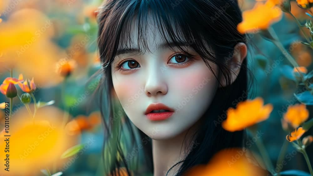 A young woman with long black hair looks directly at the camera while standing in a field of yellow flowers A young woman with long black hair looks directly at the camera while standing in a field of yellow flowers
