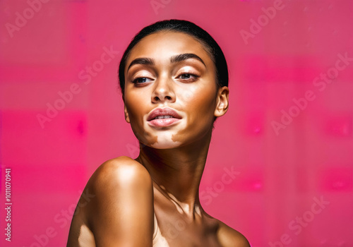 Confident woman with vitiligo against vibrant pink background