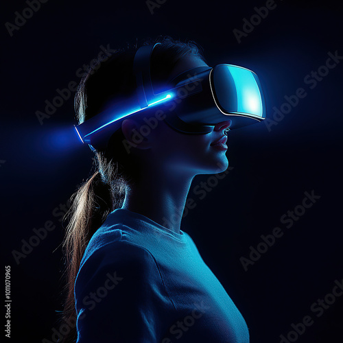 Futuristic Technology: Young Woman in Virtual Reality