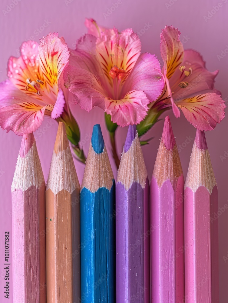 The image shows a row of colored pencils arranged side by side. The combination of the pastel colors and flowers creates a soft, feminine, and visually pleasing composition The image shows a row of colored pencils arranged side by side. The combination of the pastel colors and flowers creates a soft, feminine, and visually pleasing composition
