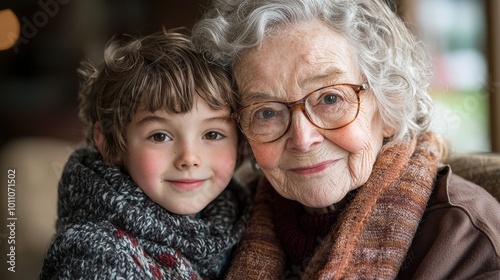 A heartwarming moment between a grandmother and her grandson in a cozy setting on a winter afternoon