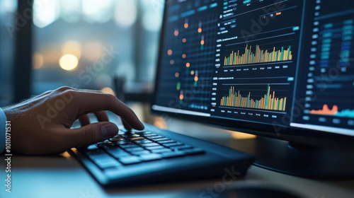 Close-up of a hand using a keyboard while analyzing data on a computer screen with colorful graphs and statistics.