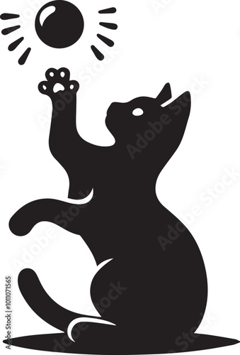 a black and white image of a cat playing with a ball and the sun shining on it.