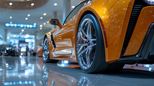 Shiny Orange Sports Car with Chrome Wheels Displayed at an Automotive Showroom