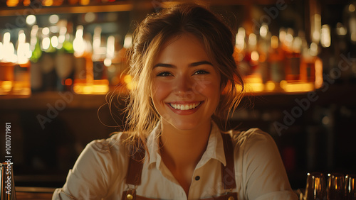 Caucasian White Woman Bartender - bartender, smiling, bar, woman, drink, beverage, counter, night, indoors, happy, restaurant, service, hospitality, nightlife, casual, apron