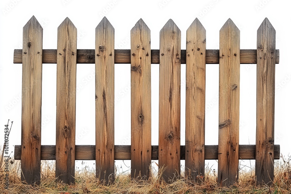 Fototapeta premium Wooden Picket Fence With Rustic Design, Perfect for Gardens or Yards in a Residential Area