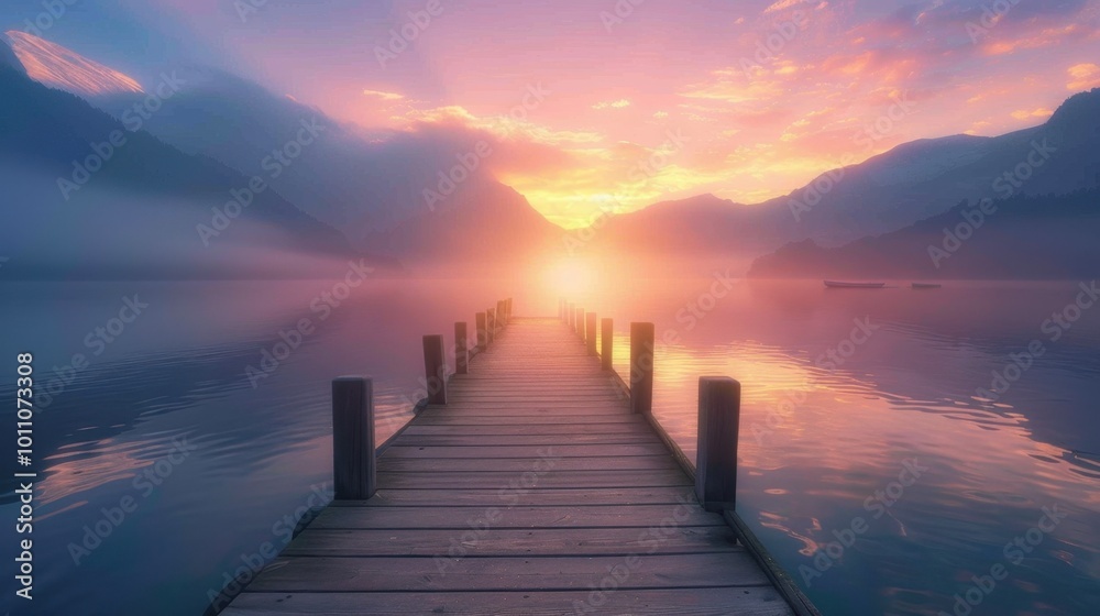 Fototapeta premium Serene Sunset Over Misty Lake and Wooden Pier