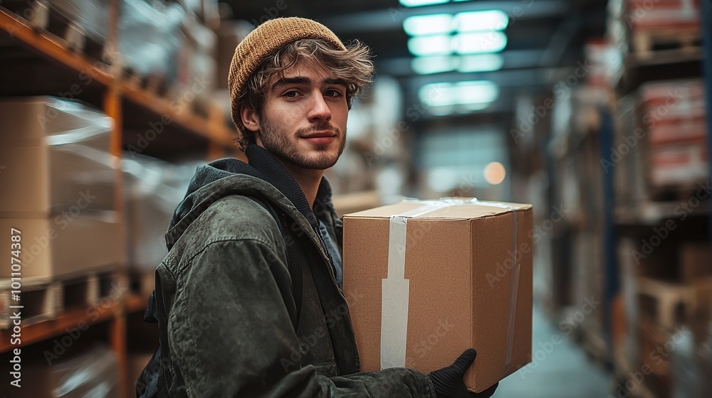 logistics worker holding a package in a warehouse highlighting delivery, inventory, and supply chain management in an industrial setting focused on packaging and shipping