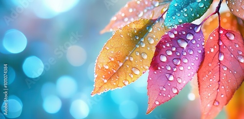 Colorful leaves with water droplets on them, blurred background, macro photography, bokeh effect, beautiful nature background