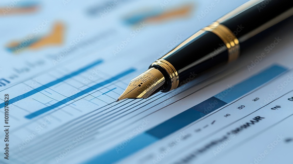 Close-up of a pen on a financial report with graphs and charts, ideal for business and finance themes. Close-up of a pen on a financial report with graphs and charts, ideal for business and finance themes.