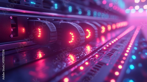 Close-up of glowing data servers with vibrant pink and blue LED lights, highlighting modern technology and data storage