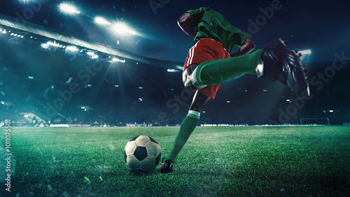 Back view on focused man, soccer player in motion, running on field and controlling ball during match, competing for the victory. 3D render of stadium. Concept of sport, tournament, competition, game photo