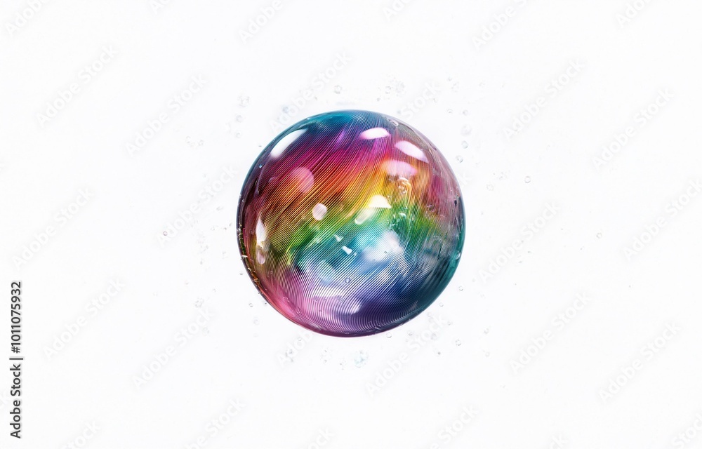 An isolated iridescent sphere with a white background and small bubbles surrounding it. An isolated iridescent sphere with a white background and small bubbles surrounding it.
