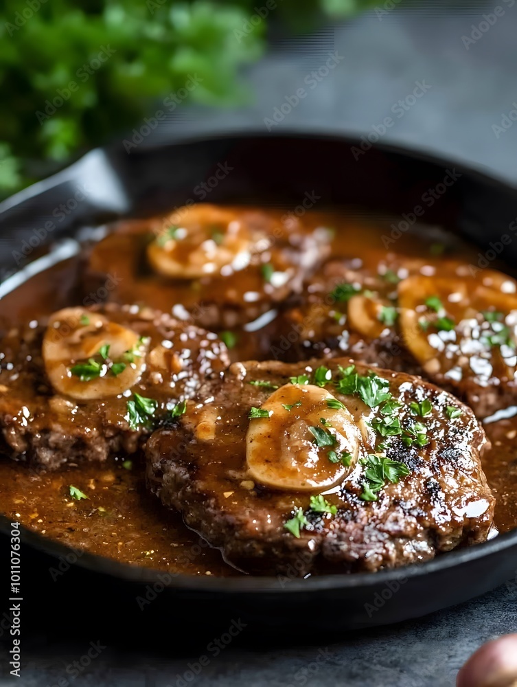 Closeup of three juicy beef patties with mushroom gravy in a black skillet, garnished with fresh parsley. Closeup of three juicy beef patties with mushroom gravy in a black skillet, garnished with fresh parsley.