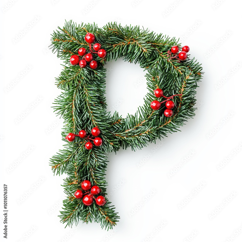 Christmas alphabet letter P made of fresh green fluffy branches and red berries. Clean background. Generative AI Christmas alphabet letter P made of fresh green fluffy branches and red berries. Clean background. Generative AI