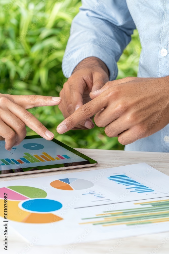 Obraz premium Two professionals collaborate over charts and data on a tablet, showcasing productivity and teamwork in a green workspace.
