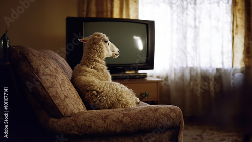 Satirisches Konzeptfoto: Einsames Schaf auf Wohnzimmercouch starrt hypnotisiert auf Fernseher. Metapher für Medienkonsumverhalten. Gesellschaftskritik Media Art photo