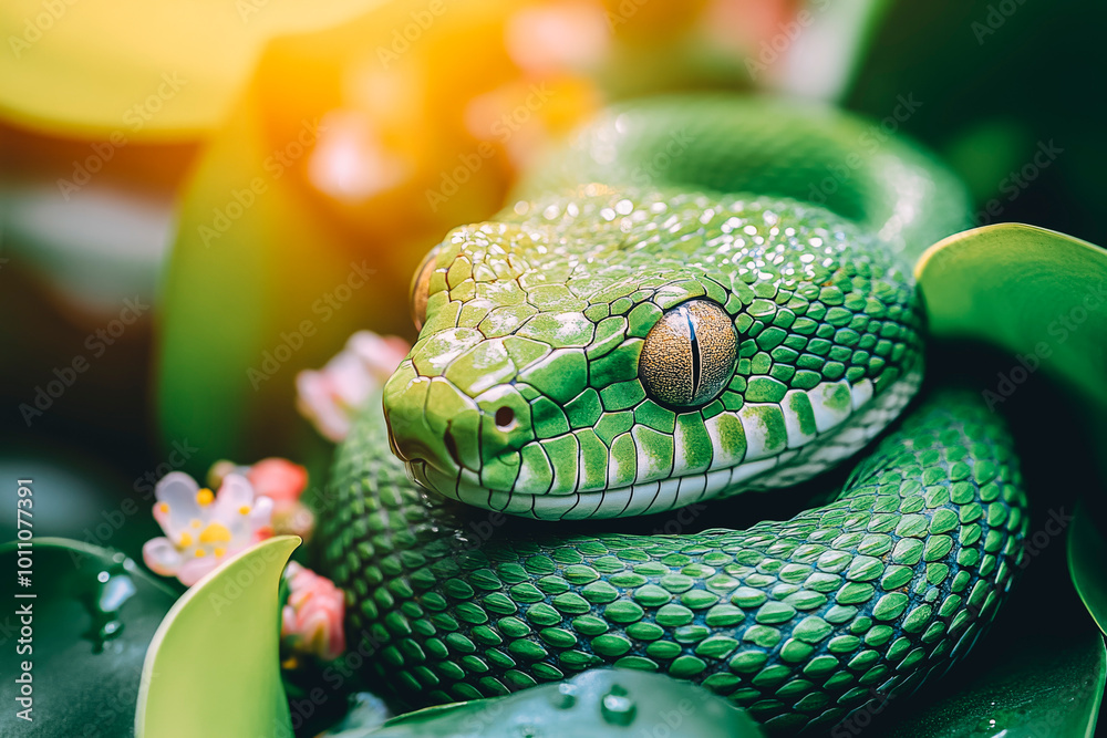 Fototapeta premium Vibrant Green Snake Coiled on Lush Leaves with Eyes Open
