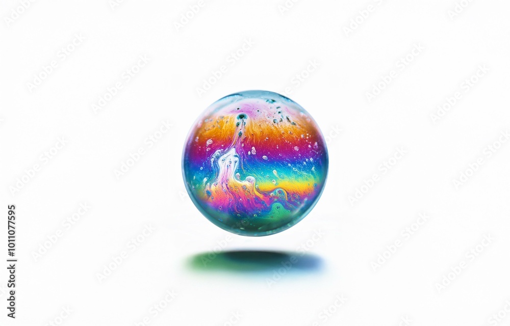 A single, iridescent soap bubble, with a soft white background, is isolated and hovering above the surface. A single, iridescent soap bubble, with a soft white background, is isolated and hovering above the surface.