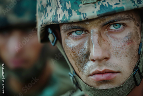 A man, a soldier with a machine gun and in military equipment close-up. Military operation, military action concept. Conflicts between countries. photo