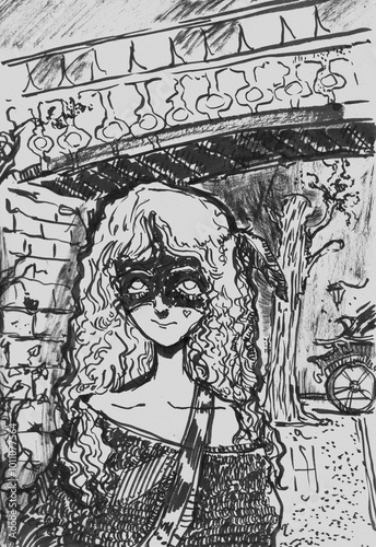A mystical ink illustration of a girl wandering through a city at night, blending fantasy and urban elements. Ideal for fantasy, gothic, and surreal art projects.