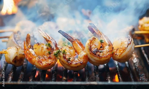 Grilled shrimp skewers sizzling on a barbecue, garnished with herbs.