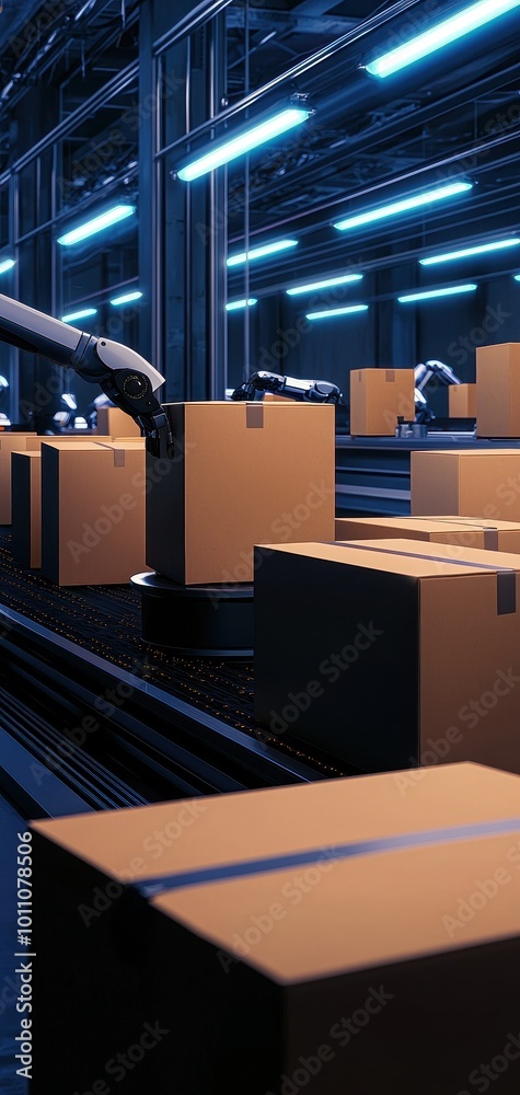 Automated warehouse with robotic arms handling boxes in a modern facility. Automated warehouse with robotic arms handling boxes in a modern facility.
