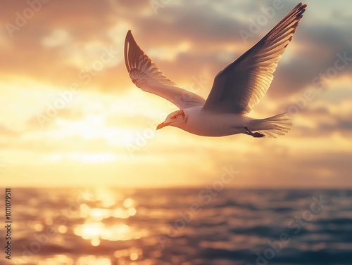 Seagull Flying Over Ocean at Sunset