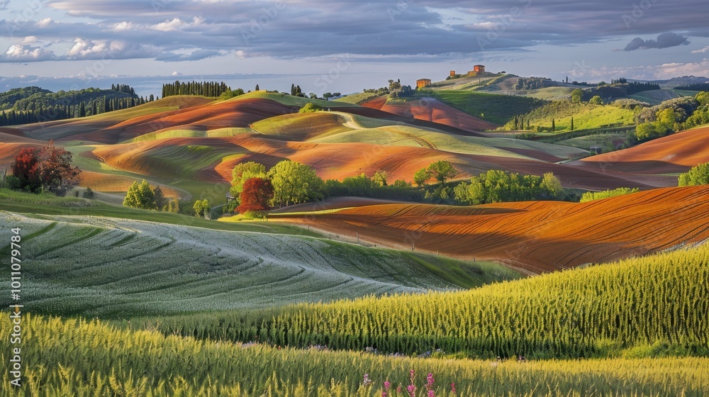 Fototapeta premium Scenic Rolling Hills with Vibrant Colors at Sunset