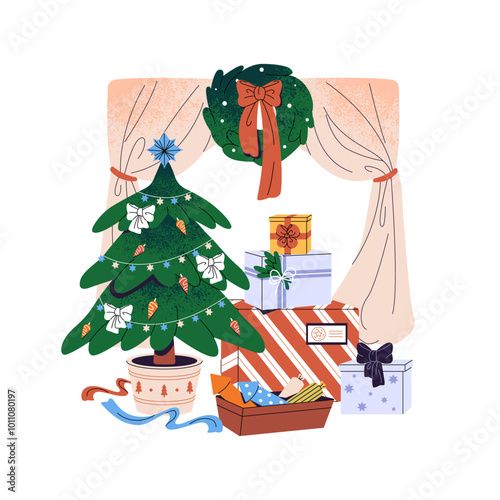 Decorated Christmas tree with garland, star. Xmas fir with gift boxes and pine wreath with bow. Festive decoration of interior for New Year, winter holidays. Flat isolated vector illustration on white