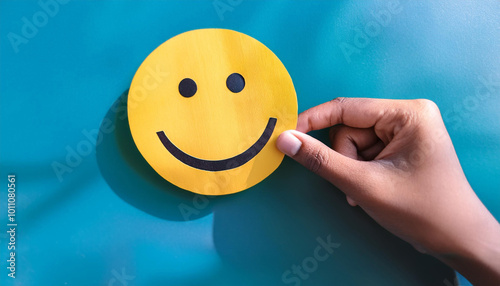 Hands holding a happy smiley face paper on blue background,Hands holding a happy smiley face paper on blue background,Hands holding a happy smiley face paper on blue background,Hands holding a happy 