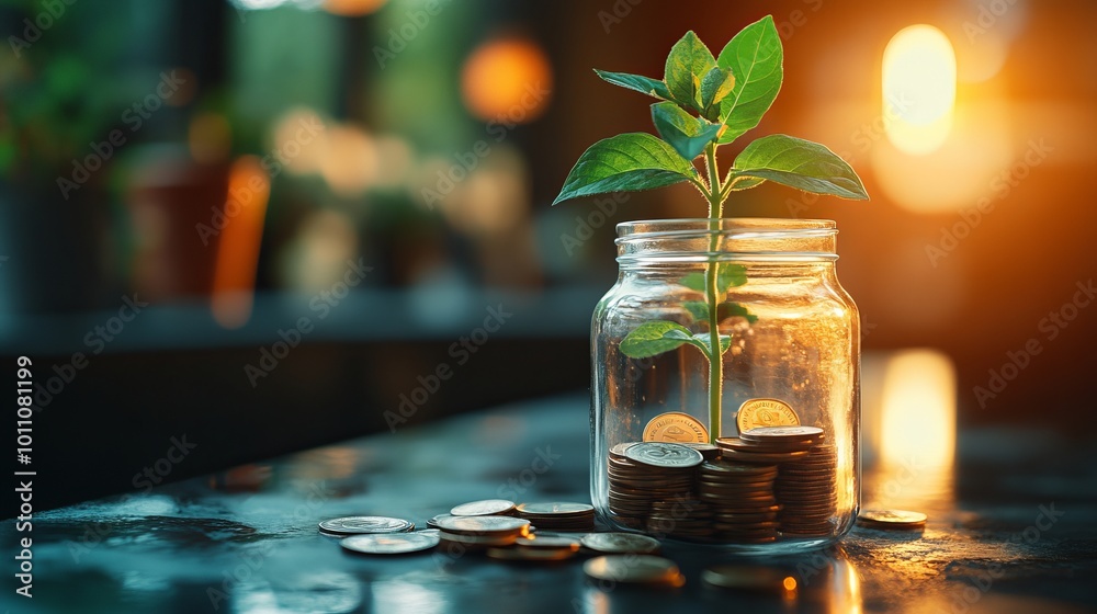 Small plant growing from coins in glass jar symbolizing investment growth Small plant growing from coins in glass jar symbolizing investment growth