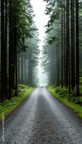 Misty forest road surrounded by tall trees, inviting nature lovers for a peaceful walk.