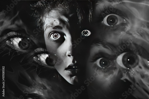 A close-up of a person'ss terrified expression while being surrounded by haunting dream elements like shadows and eyes. photo