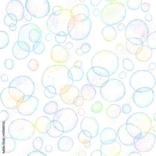 Abstract watercolor soap bubbles seamless background pastel colors and white background
