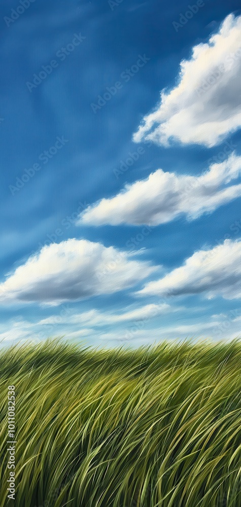 Vibrant green grass under a blue sky with fluffy white clouds. Vibrant green grass under a blue sky with fluffy white clouds.