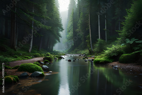 Cascades on clear creek in forest. Summer mountain stream landscape photo