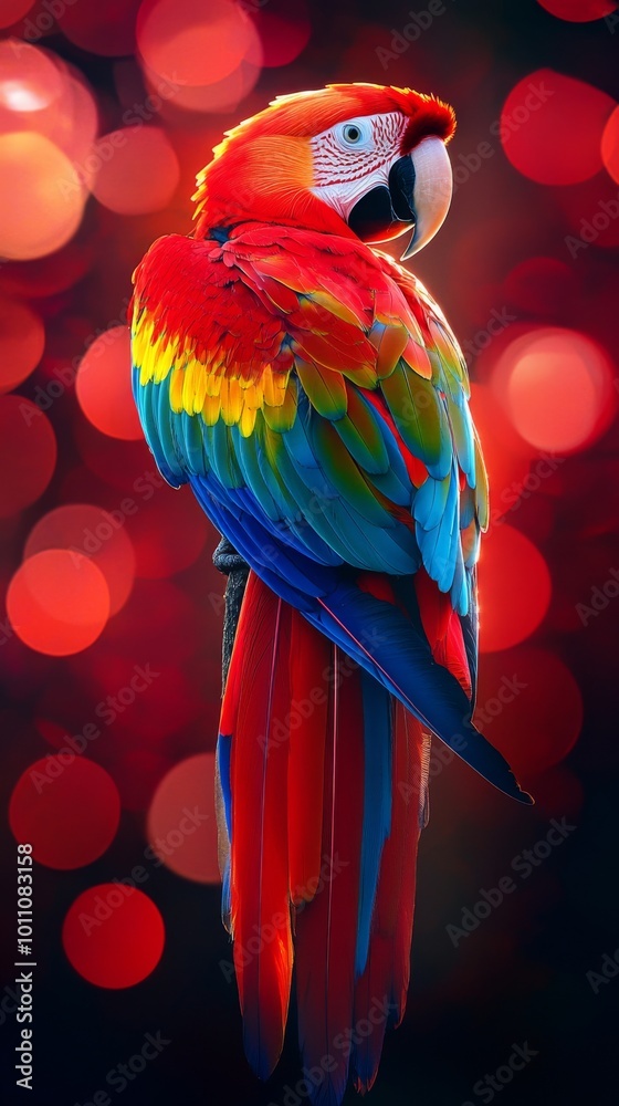 Fototapeta premium Scarlet macaw parrot posing on red background