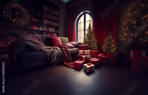 A cozy living room with a couch, blankets, pillows, and a Christmas tree with lights.